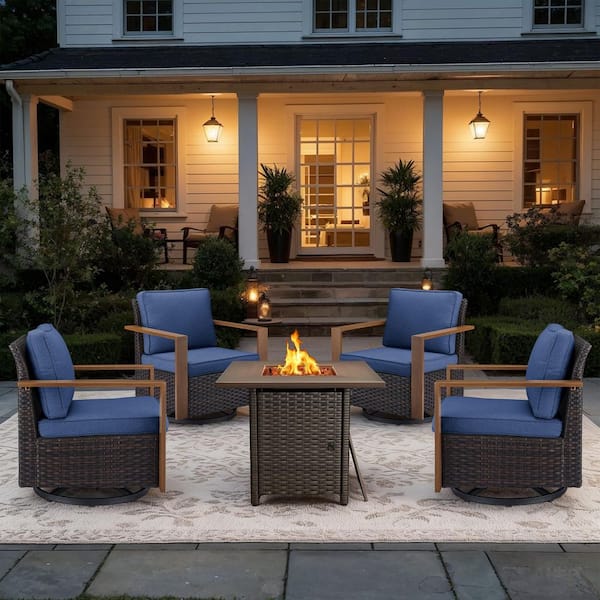 5-Piece Brown Wicker Outdoor Patio Conversation Sets Patio Gliding Chair All-Weather for Backyard, with Blue Cushions