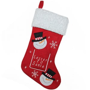 16 in. Red and White Embroidered Snowmen Polyester Letter to Santa Christmas Stocking