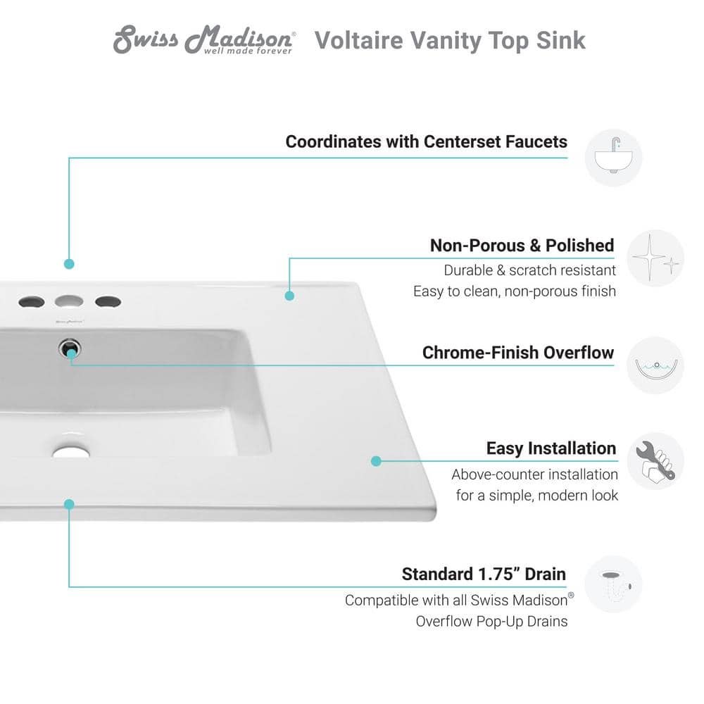 White Ceramic 31" Vanity Top Sink with Centerset Faucet Holes