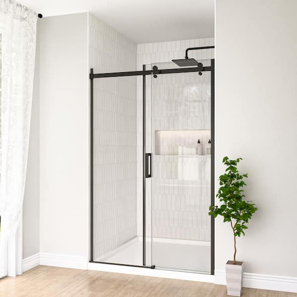 48 in. W x 74 in. H Single Sliding Semi-Frameless Shower Door in Matte Black with Explosion-Proof Tempered Clear Glass