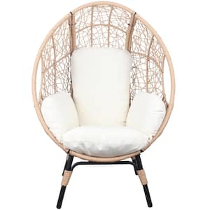 Natural Wicker Outdoor Lounge Chair Patio PE Rattan Egg Chair with White Cushions for Garden Lawn Backyard