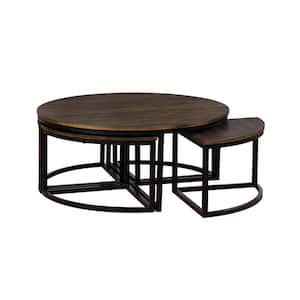 Arcadia 42 in. Antiqued Mocha/Black Large Round Wood Coffee Table with Nesting Tables