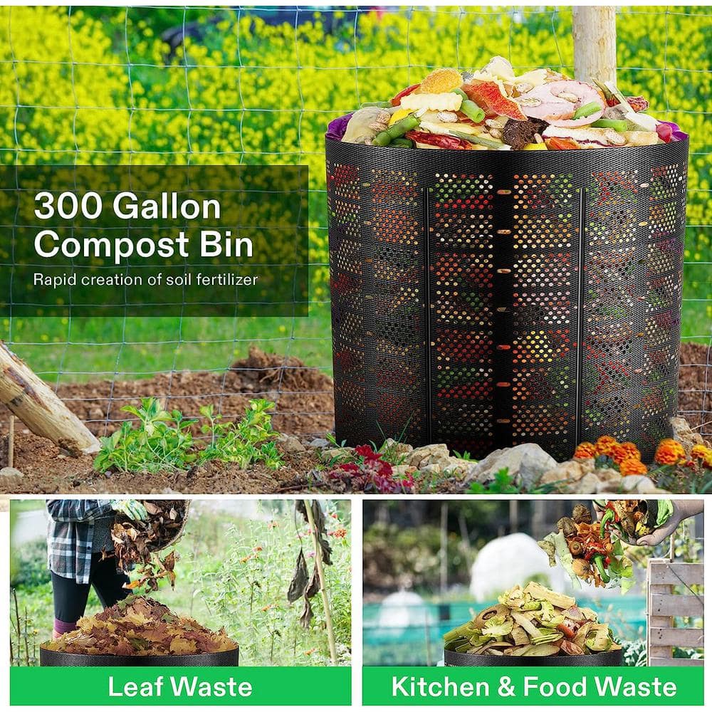 VIVOSUN 300 Gallon Black Expandable Outdoor Compost Bin with Gloves