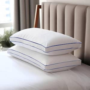 Goose Down Feather Queen Size Pillow, Cotton Fabric, Gusseted Pillow Inserts, Blue Edge Piping White Pillow