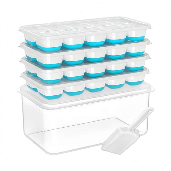 4 Pack Blue Silicone Ice Cube Trays with Lid and Bin for Freezer, Stackable Ice Bucket Kits with Storage Container Scoop