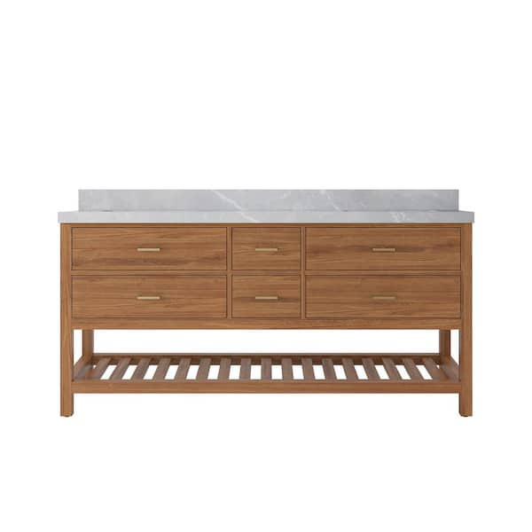 Willow Collections Parker Teak 72 in. W x 22 in. D x 36 in. H Double Sink Bath Vanity in Golden Teak with 2 in. Pearl Gray Qt. Top