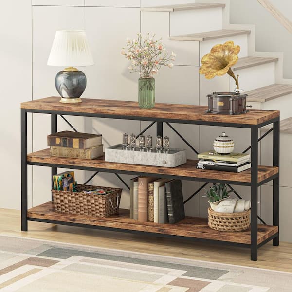 TRIBESIGNS WAY TO ORIGIN Adan 55 in. Rustic Brown Standard Rectangle Wood Console Table with 3 Tiers