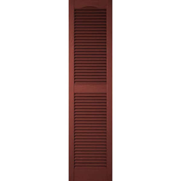 Ekena Millwork 12 in. x 36 in. Lifetime Vinyl Custom Cathedral Top Center Mullion Open Louvered Shutters Pair Burgundy Red