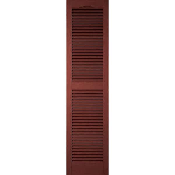 Ekena Millwork 12 in. x 48 in. Lifetime Vinyl Custom Cathedral Top Center Mullion Open Louvered Shutters Pair Burgundy Red