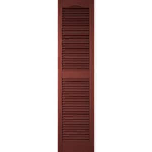 12 in. x 77 in. Lifetime Vinyl Custom Cathedral Top Center Mullion Open Louvered Shutters Pair Burgundy Red