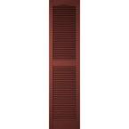 14-1/2 in. x 44 in. Lifetime Vinyl Custom Cathedral Top Center Mullion Open Louvered Shutters Pair Burgundy Red