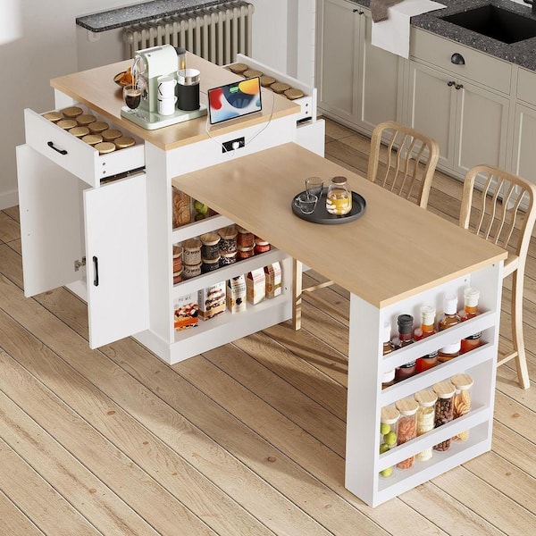 URTR White Light Wood 33-81 in. Kitchen Island with Extendable