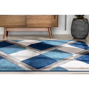 Good Vibes Nora Blue Modern Geometric Stripes and Boxes 3 ft. 11 in. x 5 ft. 3 in. Area Rug