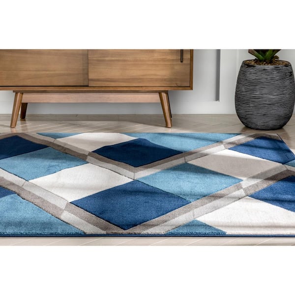 Good Vibes Nora Blue Modern Geometric Stripes and Boxes 3 ft. 11 in. x 5 ft. 3 in. Area Rug