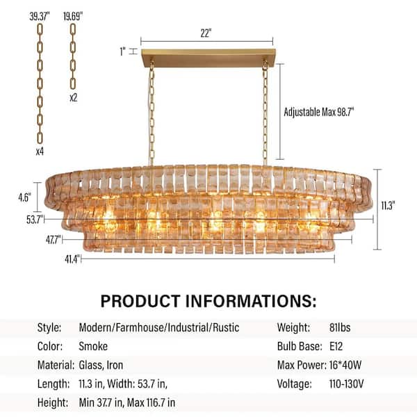 Modern Chandelier 54 in. 5-Lights Gold Crystal Linear Chandelier for Dining Room, Living Room, Kitchen Island, Foyer