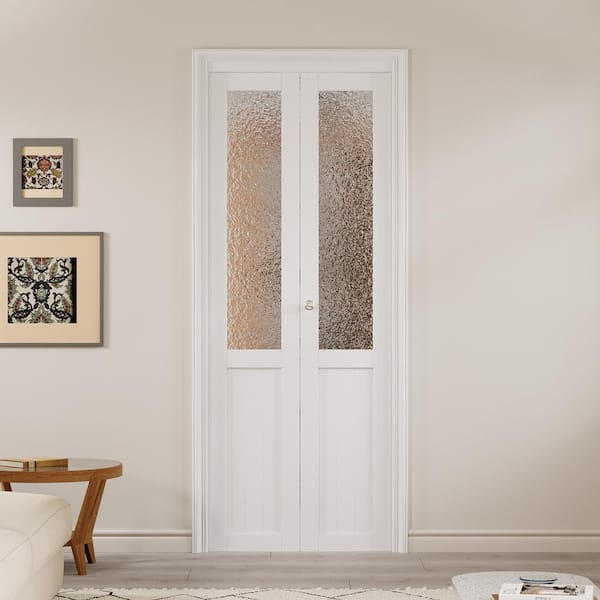 36 in. x 80 in. 1/2 Lite Tempered Kasumi Ripple Glass Solid Core White Finished Glass Closet Bifold Door with Hardware