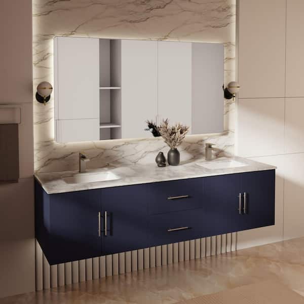 Geneva 72 in. W x 22 in. D Navy Blue Double Bath Vanity and Carrara Marble Top