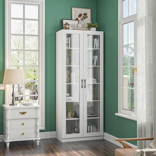 FUFU&GAGA 78.7 in. Tall White Wood 6-Shelf Standard Bookcase Bookshelf With Multi-Mode Dimmable LED Lights, Tempered Glass Doors