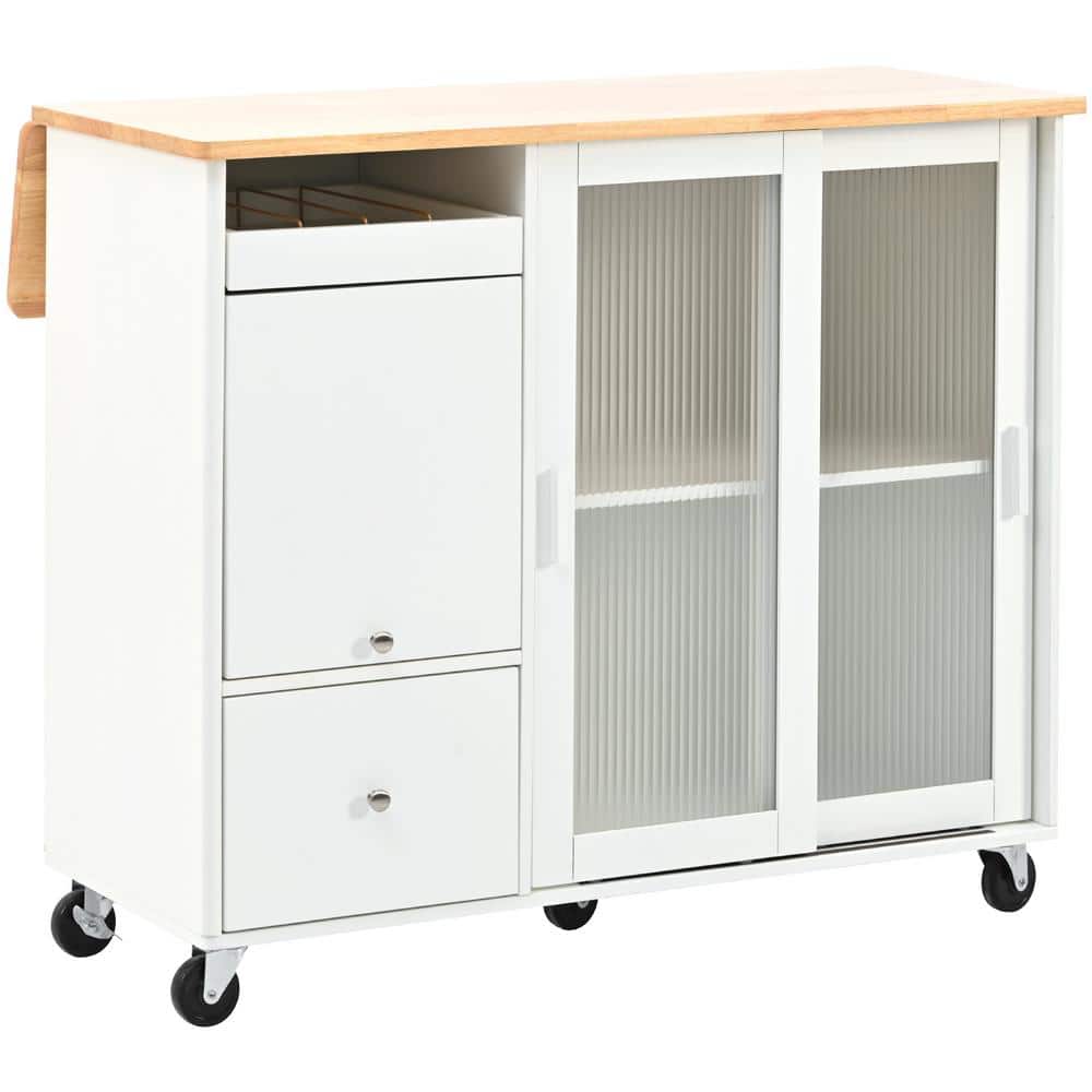 White Rubberwood Kitchen Cart with Drop Leaf and 1-Flip Cabinet Door, an Ad