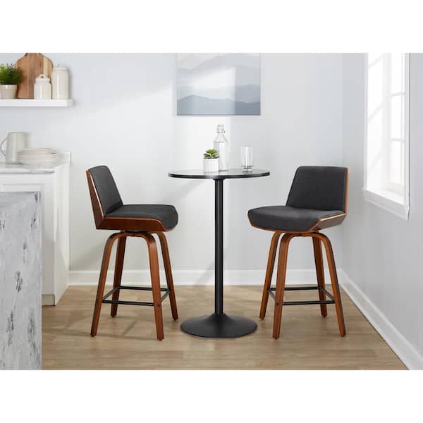 LumiSource Corazza 25 in. Charcoal Fabric, Walnut Wood and Black Metal Fixed-Height Counter Stool with Square Footrest (Set of 2)