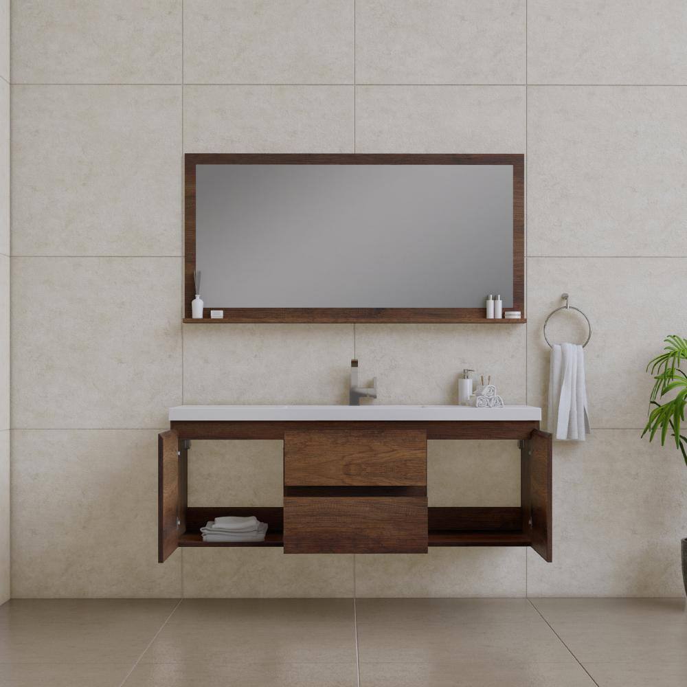 60" Rosewood MDF Floating Vanity with White Solid Surface Sink
