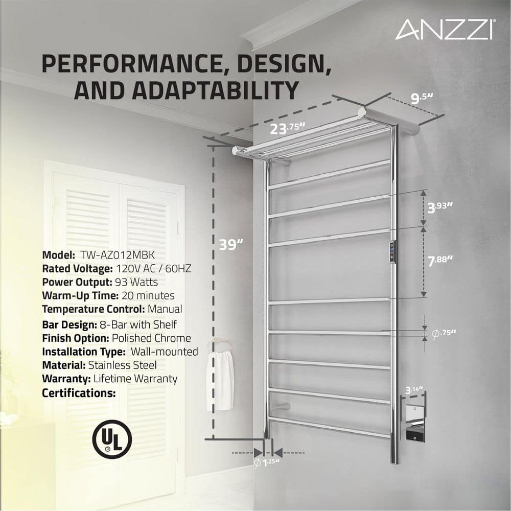 Polished Chrome 8-Bar Stainless Steel Wall Mounted Towel Warmer