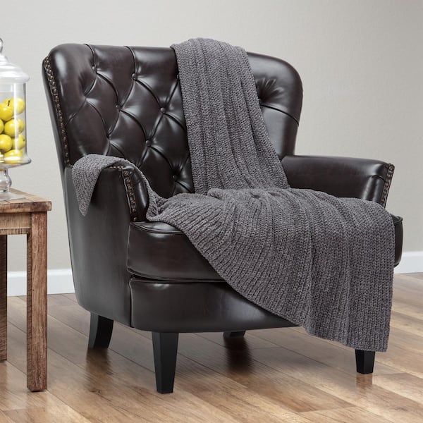 CHANASYA Chenille Gray Polyester Light Shimmer Knit Throw Blanket, 50 x 65 in.
