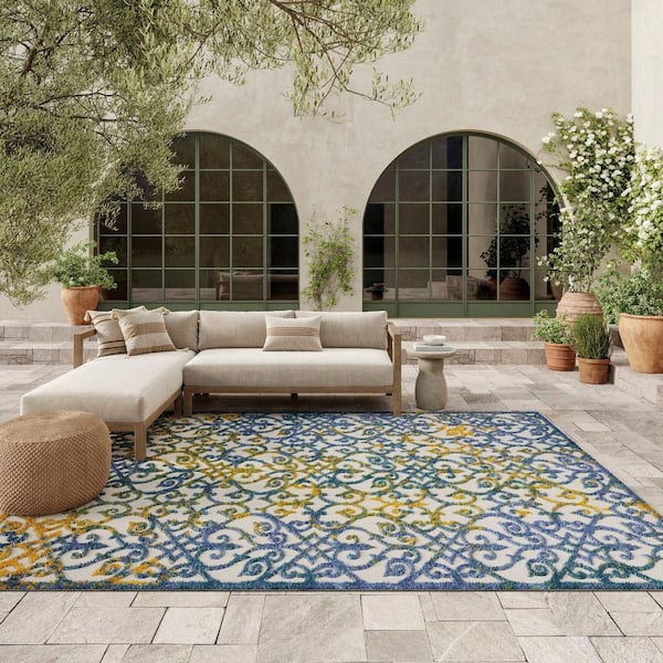 Aloha Ivory Blue 8 ft. x 11 ft. Floral Contemporary Indoor/Outdoor Patio Area Rug