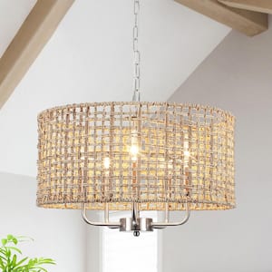 Nevarez 18.9 in. 5-Light Nickel Bohemian Pendant Natural Rattan Dimmable Chandelier with Hand Woven Drum Shade