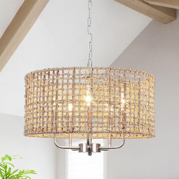 LWYTJO Nevarez 18.9 in. 5-Light Nickel Bohemian Pendant Natural Rattan Dimmable Chandelier with Hand Woven Drum Shade