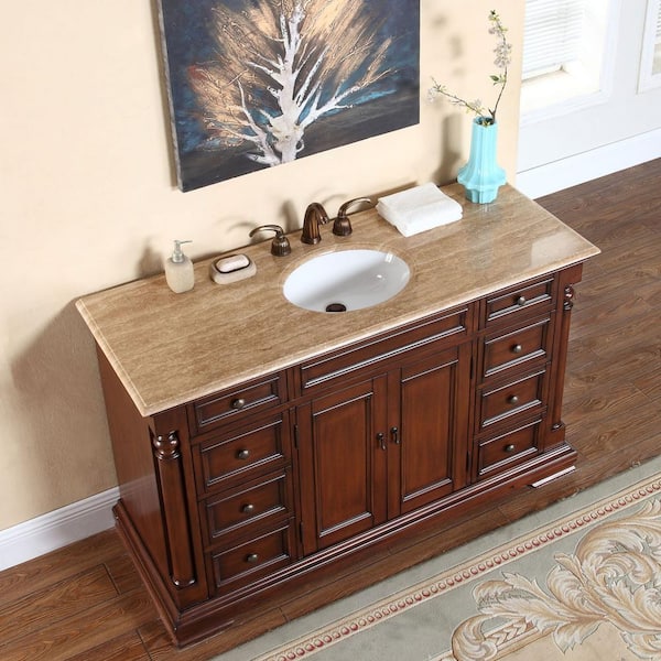 Silkroad Exclusive 55-in Dark Walnut Undermount Double Sink Bathroom Vanity  with Travertine Top in the Bathroom Vanities with Tops department at