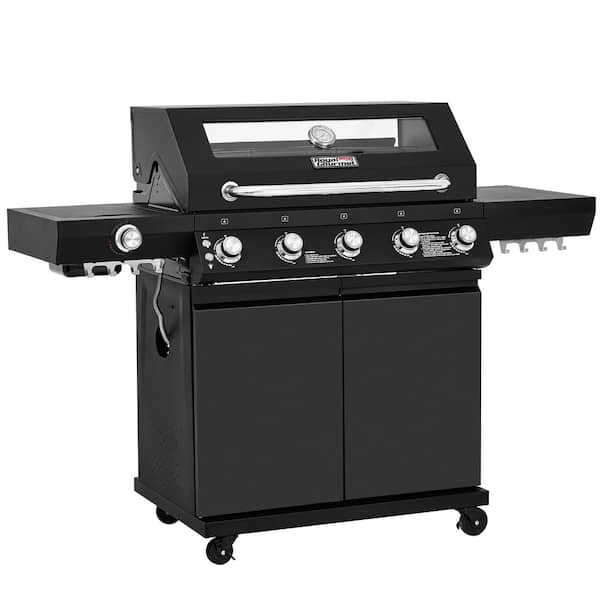 5-Burner Gas Grill, With Infrared Side Burner, 72,000 BTU, Visible Upper Cover, Electronic Ignitor, Black