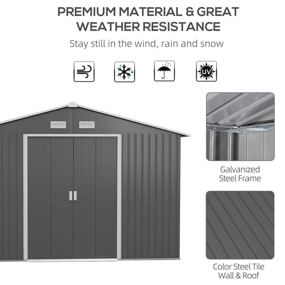 Outsunny 11' x 9' Gray Metal Storage Shed Kit with Windows