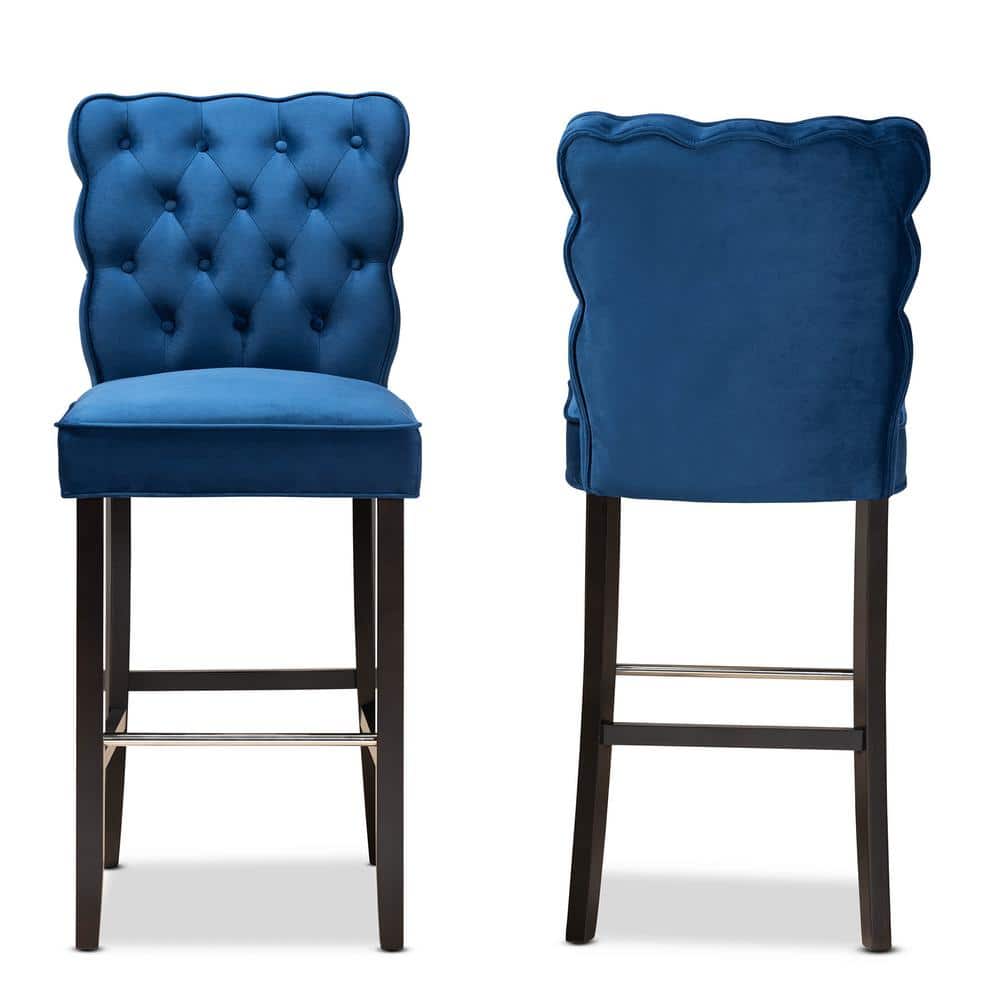 Elegant Navy Blue Velvet & Dark Wood Adjustable Barstool Set