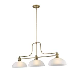 Melange 3-Light Heritage Brass Billiard Light with White Linen Glass Shade Island or with No Bulbs Included