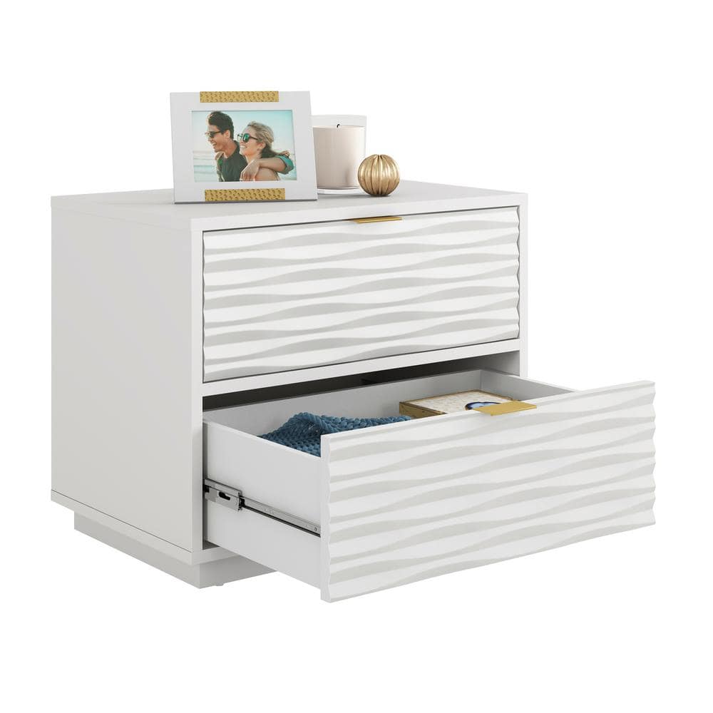 Coastal Wave White Engineered Wood Nightstand with Gold Hardware