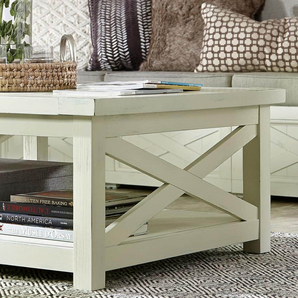 Seaside Lodge Square Off-White Wood Coffee Table with Open Storage
