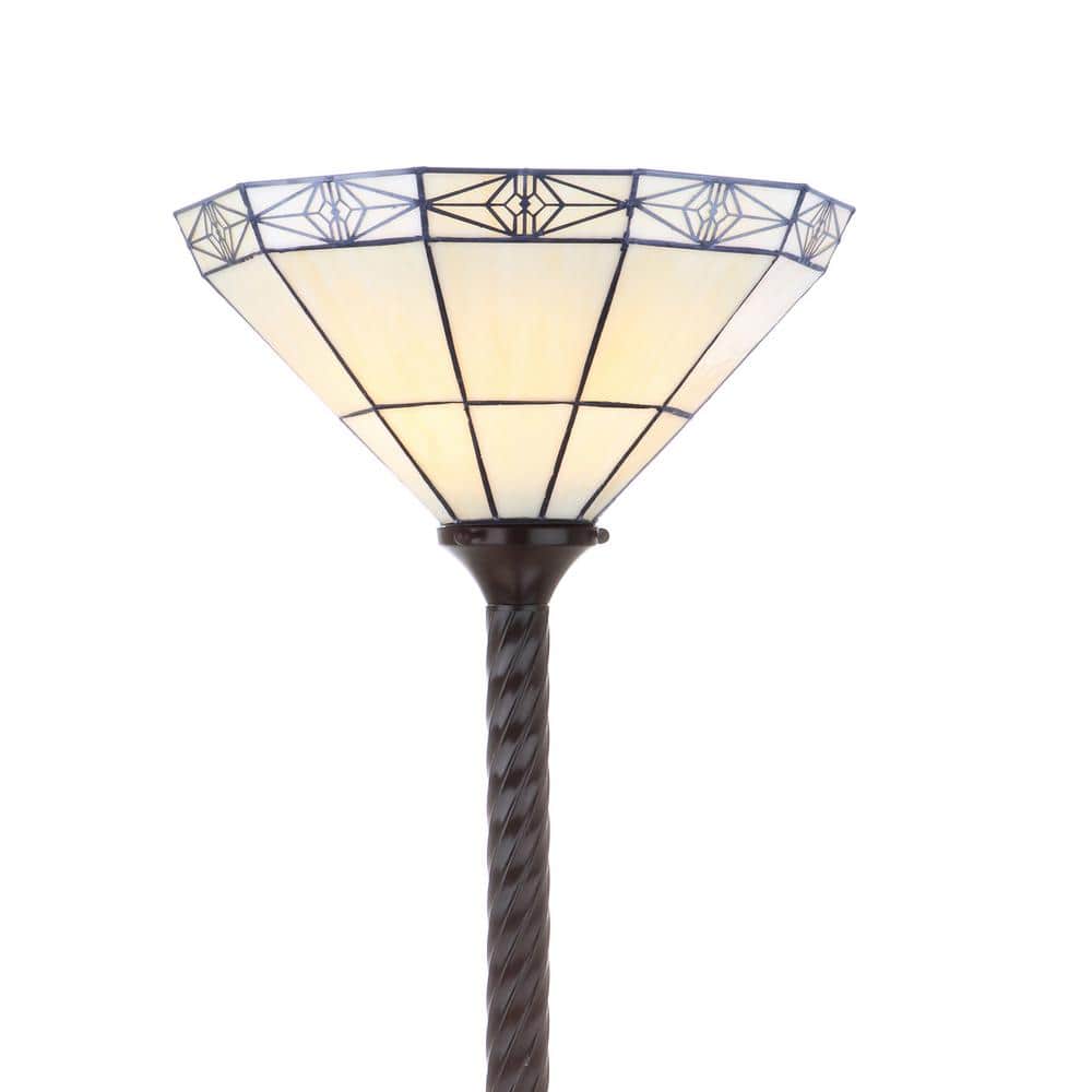 Moore Tiffany-Style Bronze Torchiere Floor Lamp with Multicolor Stained Glass
