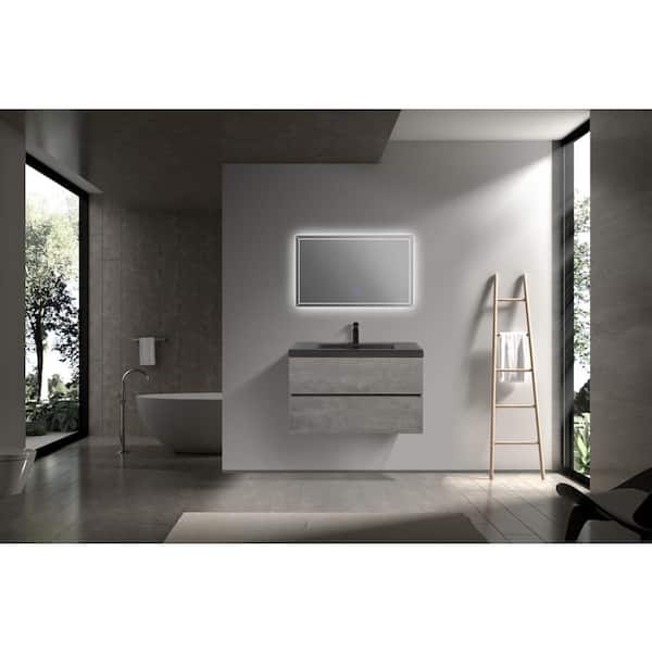 36 in. W Floating Single Sink Bath Vanity in Grey with Matt Black Quartz Sand Top