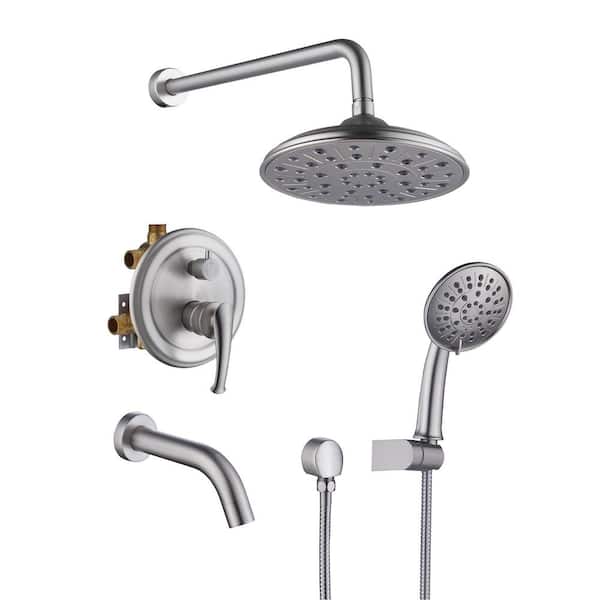 Dimakai 3-Spray Wall Mount Handheld Shower Head 1.8GPM 360° Rotating 8.3in. Round Shower Head Anti-Scald Value in Brushed Nickel