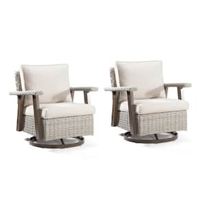 Wicker Patio Outdoor Rocking Chair Swivel Lounge Chair with Beige Cushion (2-Pack)