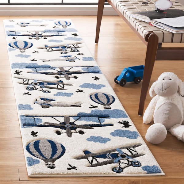 Carousel Kids 2 ft. x 8 ft. Ivory/Blue Helicopter Runner Rug