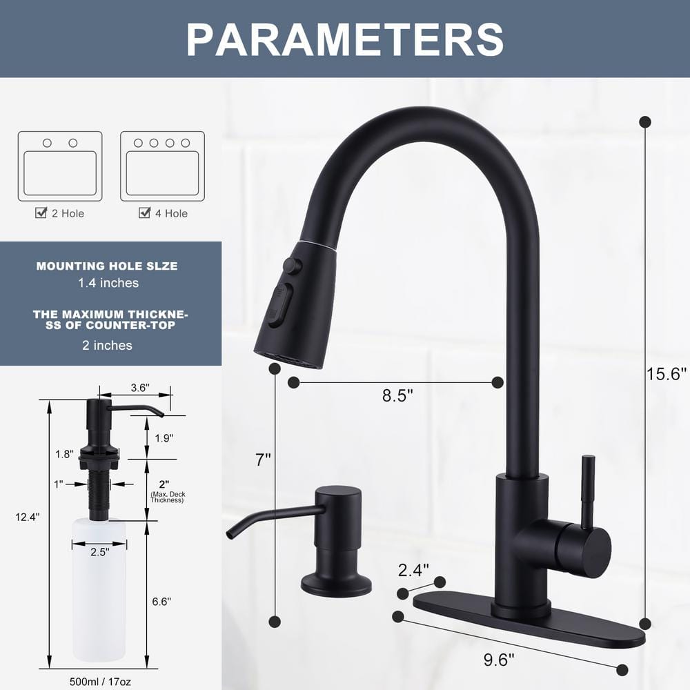 Matte Black Single Handle High-Arc Kitchen Faucet with Soap Dispenser