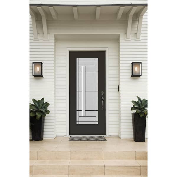 36 in. x 80 in. Left-Hand Full Lite Atherton Decorative Glass Black Painted Fiberglass Prehung Front Door w/Brickmould