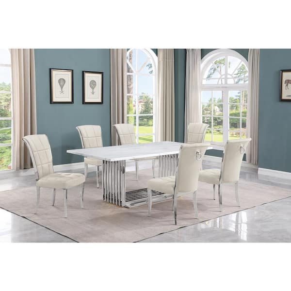 Best Quality Furniture Lisa 7-Piece Rectangle White Marble Top Stainless Steel Base Dining Set With 6-Cream Velvet Iron Leg Chairs