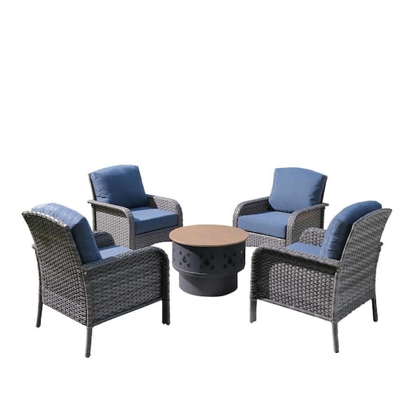 Denali Gray 5-Piece Wicker Outdoor Patio Conversation Chair Set with a Wood-Burning Fire Pit and Denim Blue Cushions
