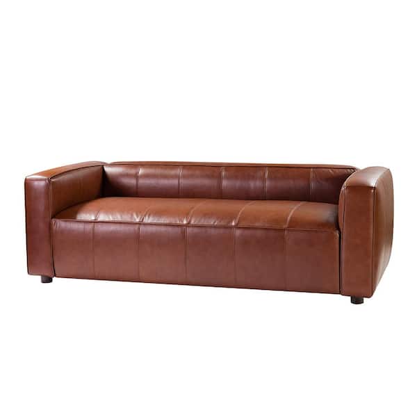 JAYDEN CREATION Emilio Comfy 80 in. Brown Square Arm Genuine Leather Rectangle Sofa with Wooden Base