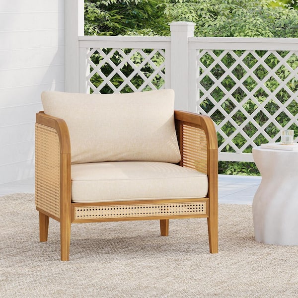 Sadie Faux Rattan and Solid Wood Outdoor Patio Lounge Chair with Beige Cushions, Teak
