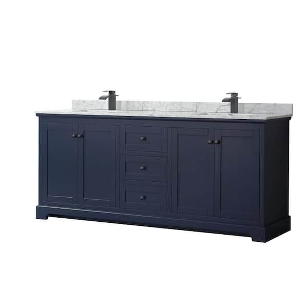 Wyndham Collection Avery 80 in. W x 22 in. D x 35 in. H Double Bath Vanity in Dark Blue with White Carrara Marble Top