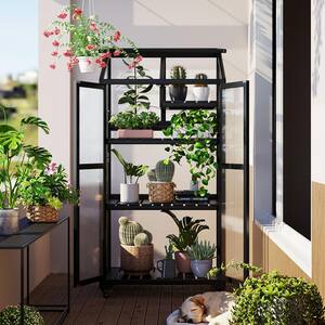 62 in. H Outdoor Indoor Black Wood Plant Stand Greenhouse Portable Cold Frame with Wheels and Adjustable Shelves